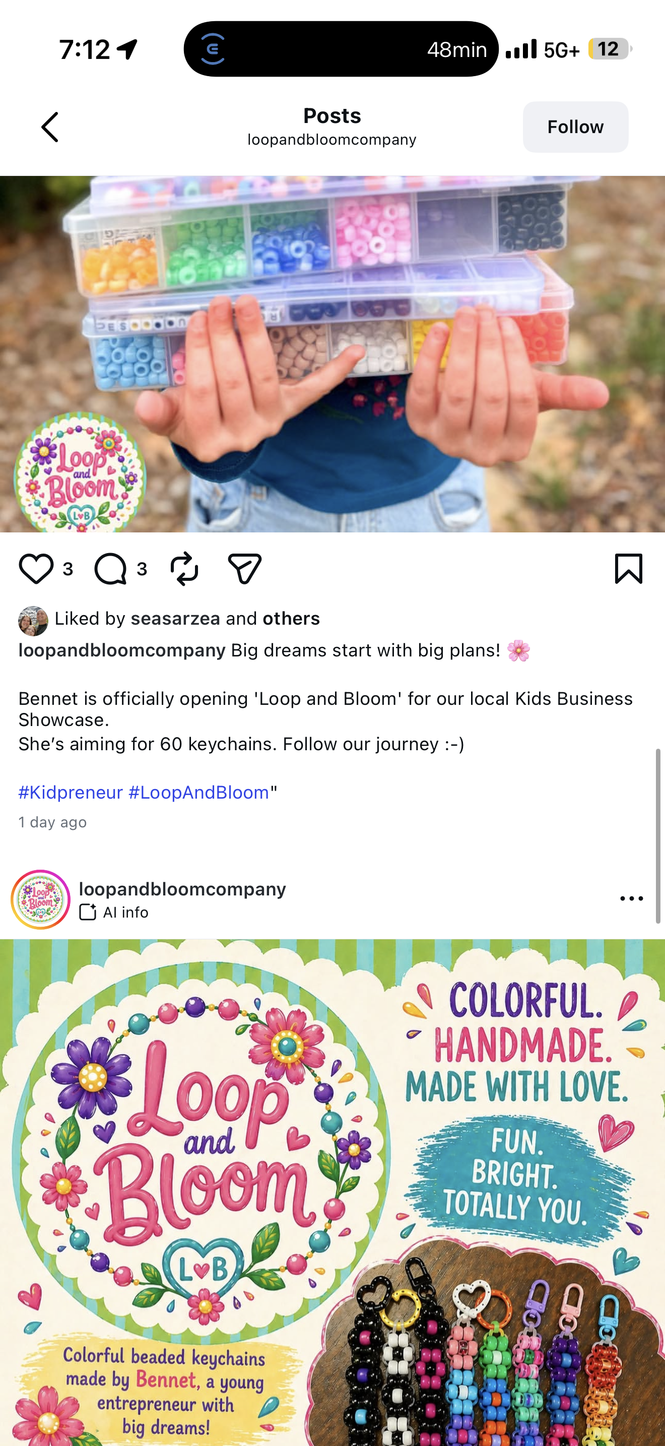 Bennet, founder of Loop and Bloom Co., holding her bead collection